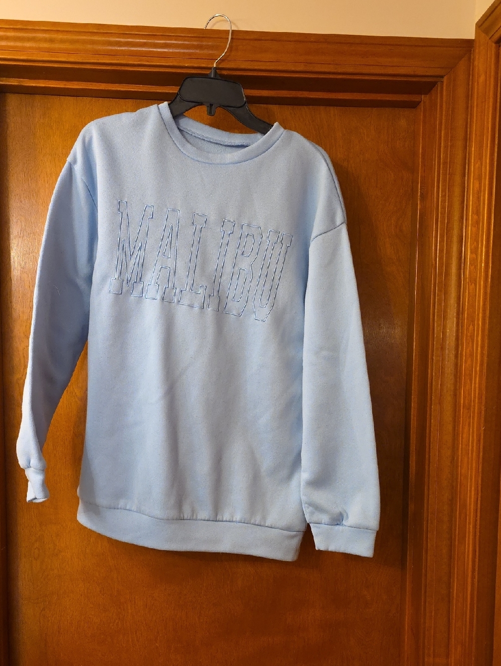 SHEIN Light Blue 'MALIBU' Embroidered Crewneck Sweatshirt